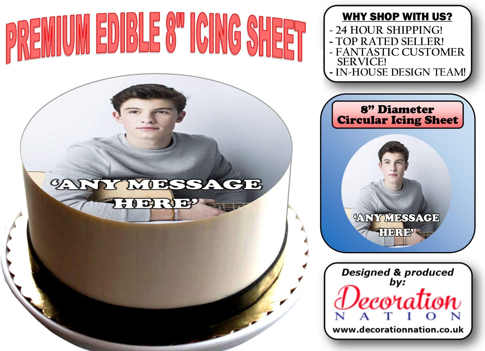 Personalised Shawn Mendes 8 Inch Round Edible Icing Cake Topper Decoration