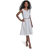 Calvin Klein Womens Sleeveless Split Neck Belted Crepe A-line Dress