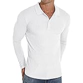 Askdeer Men's Polo Shirts Classic Long Sleeve Stretch Slim Fit Casual Shirts White