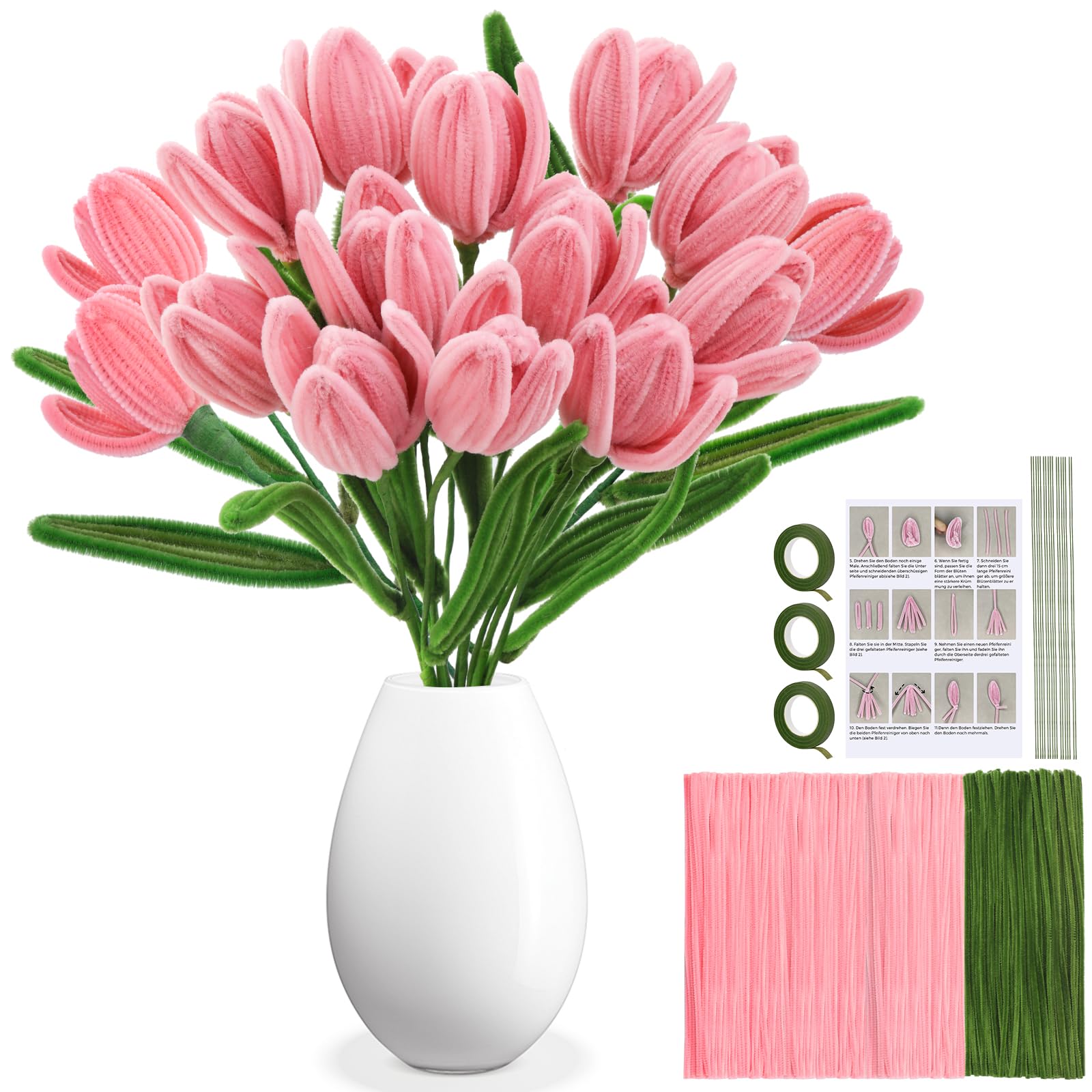 400PCS Pipe Cleaners for Craft flowers, Pipe Cleaners Craft Pipe Cleaners for Bouquet Set with instruction manual, Floral Tape, 17PCS Green Floral Wires Crafts Decoration