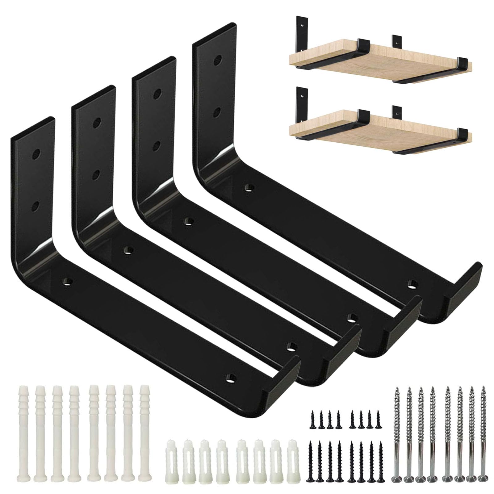 4Pcs Heavy Duty L Shape Shelf Brackets, 200mm(8 inch) Black Industrial Metal Scaffold Board Shelf Bracket for Wall Mounted Shelves with Matching Screw and Anchors, 200x30x110mm