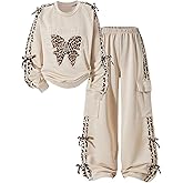 RoseSeek Girl's 2 Piece Outfits Bowknot Cheetah Graphic Sweatshirts and Cargo Pants Cute Y2K Clothing Sets
