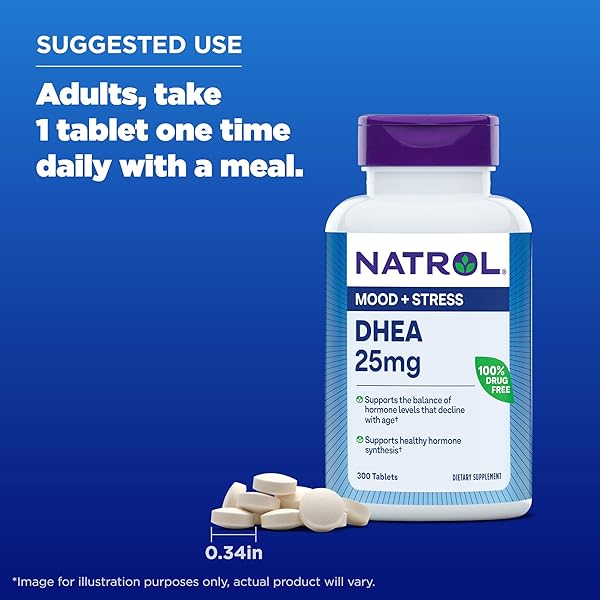 NATROL MOOD & STRESS DHEA 25MG WITH CALCIUM, DIETARY SUPPLEMENT FOR BALANCE OF CERTAIN HORMONE LEVEL AND MOOD SUPPORT, 300 TABLETS, 300 DAY SUPPLY
