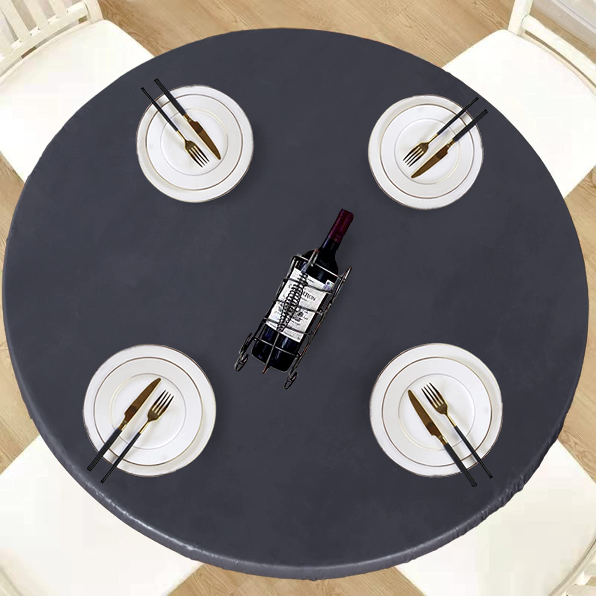 Photo 1 of LUSHVIDA Round Waterproof Table Cover Elastic Vinyl Fitted Tablecloth Elastic Edged Plastic Table Cloth (Grey, Best for Up to 45"-56" Round)