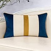 Yangest Navy Blue Patchwork Lumbar Throw Pillow Cover Striped Velvet Cushion Case Modern Neutral Oblong Pillowcase for Sofa Couch Bedroom Living Room Home Decor, 12x20 Inch