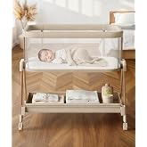 Fodoss Baby Bassinets Bedside Sleeper - 3-in-1 Stable Bassinet for Newborns | Soft Mattress, Storage Tray, Full-Mesh Sides, 7-Height Adjustable Bassinet Crib with Wheels, Side Pocket, Beige + Wood Grain
