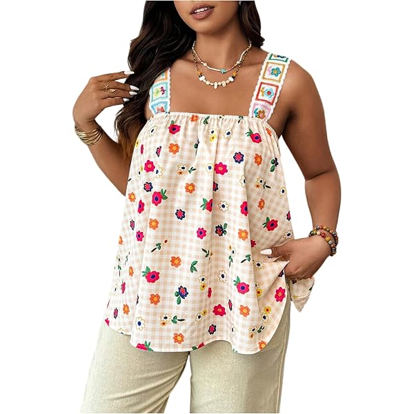 MakeMeChic Women's Plus Size Tie Front Ruched Tank Top - Square Neck Sleeveless Crop Cami