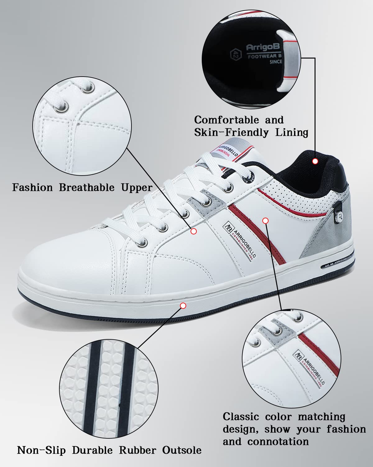 ARRIGO BELLO Sneaker Herren Freizeitschuhe Schuhe Sportschuhe Leder Mode rutschfest Outdoor Sneakers Größe 41-46 (A weiß,Size_46) 6