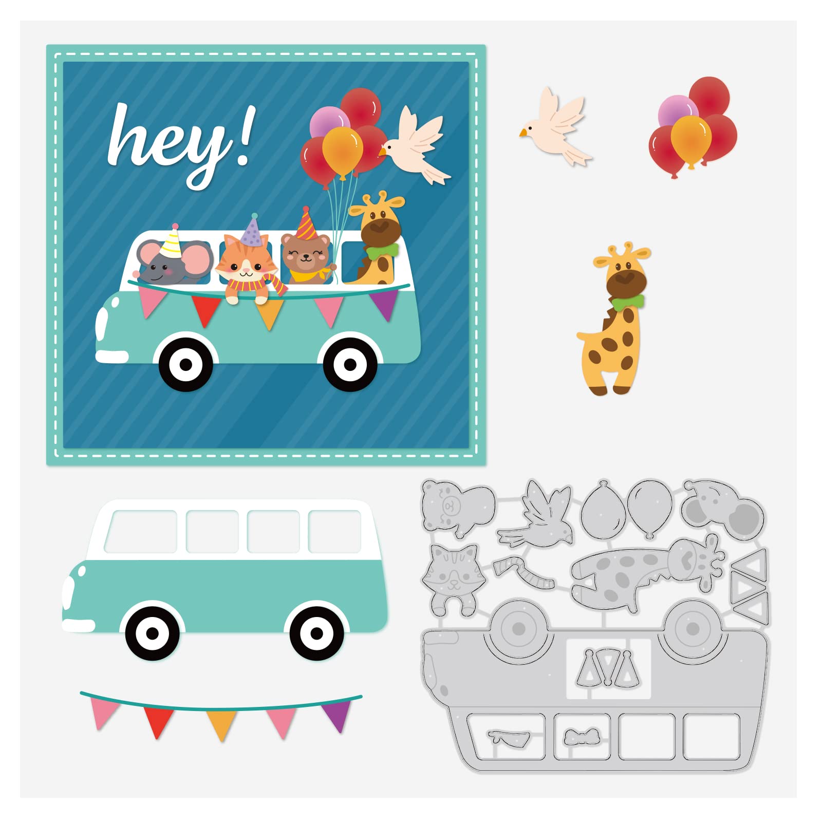 BENECREAT 10.3x12.2cm Animal Bus Pattern Cutting Dies Hey Bird Balloon Bus Party Theme Carbon Steel Embossing Stencil for Card Making Scrapbooking Paper Craft(0.8mm Thick)