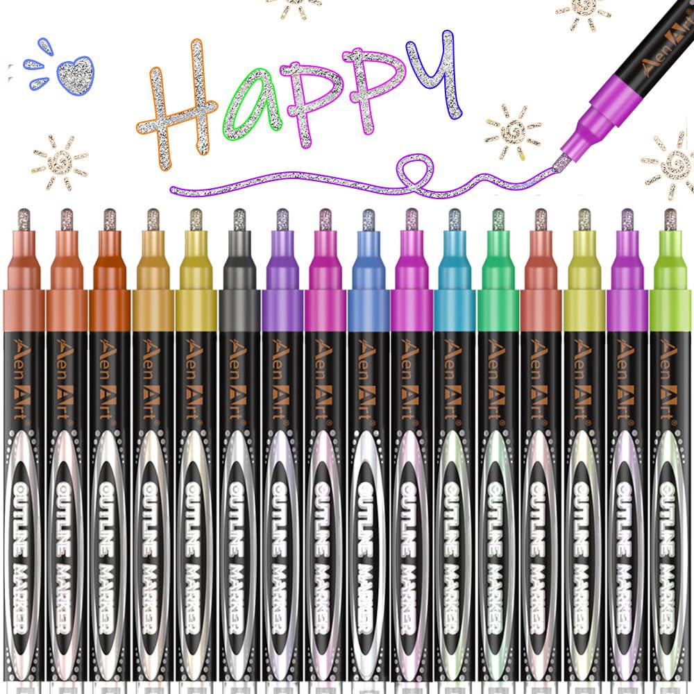 Hmeuest Glitter Pens, 16 Colours Outline Marker Pens, Metallic Glitter Pens with Double Line for Gift, Art Supplies, Scrapbook, Christmas Gifts for Teenage