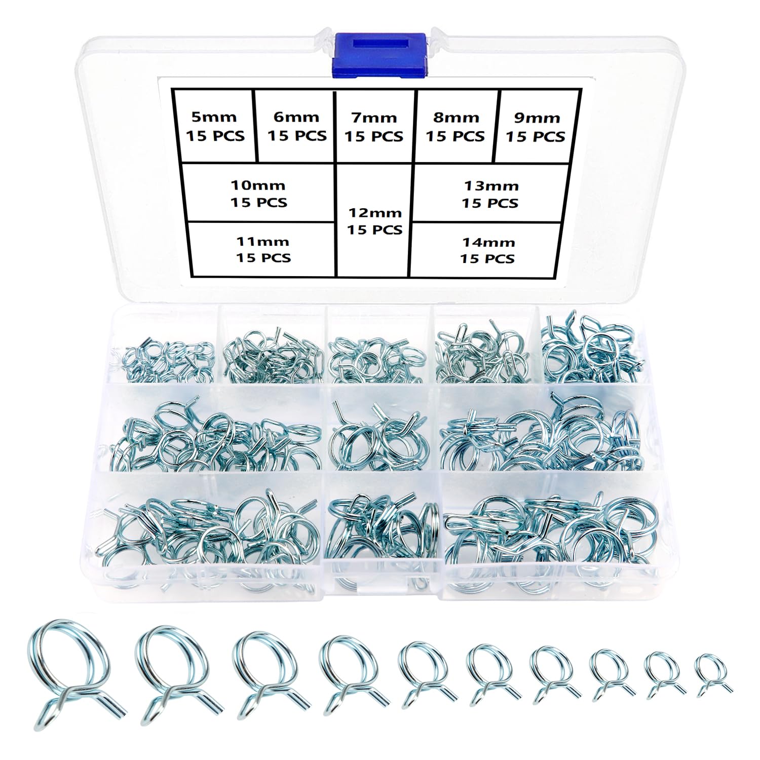 YIXISI 150 PCS 5-14mm Fuel Hose Spring Clamps, Fuel Line Hose Clips, Tubing Spring Clamps Assortment Kit, Single Wire Tubing Spring Clips Clamps, for Motorcycle Scooter ATV(10 Sizes) — image 1
