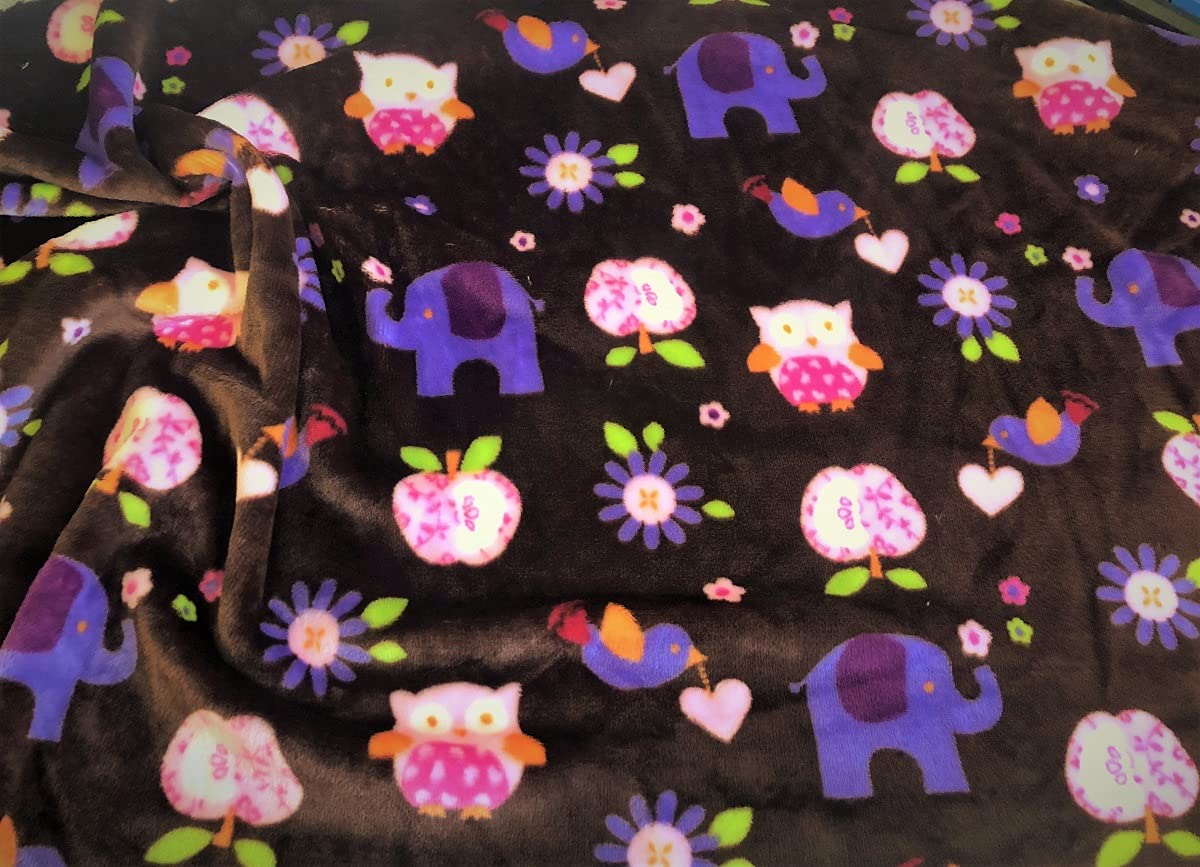Double Sided Super Soft Cuddle Fleece Fabric Material - Owl Elephant Brown, 1Mtr 150cmx100cm