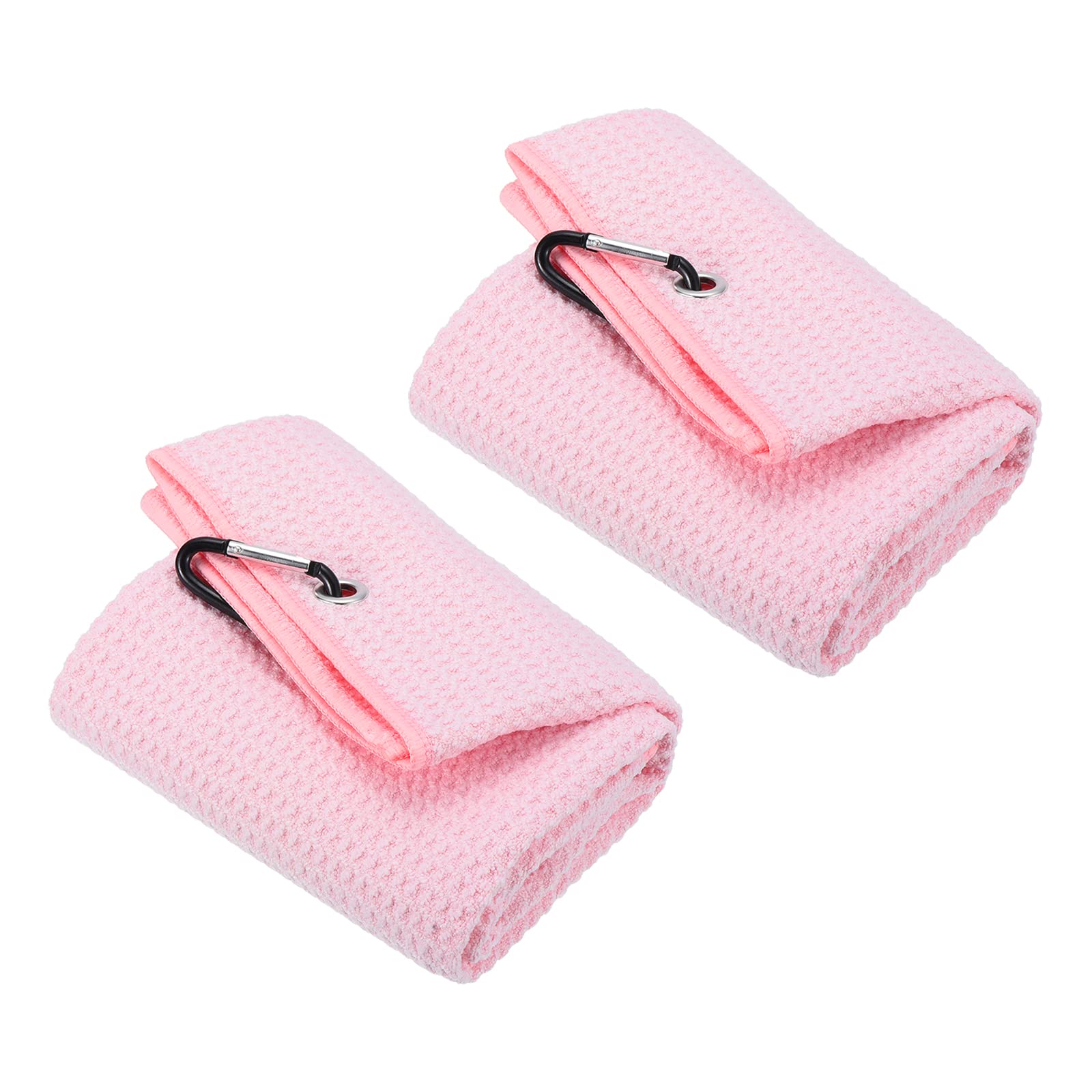 PATIKIL 20"x16" Tri-Fold Golf Towels, 2 Pack Waffle Pattern Towels Soft Fiber Strong Water Absorption with D Clip for Golf Lovers, Pink