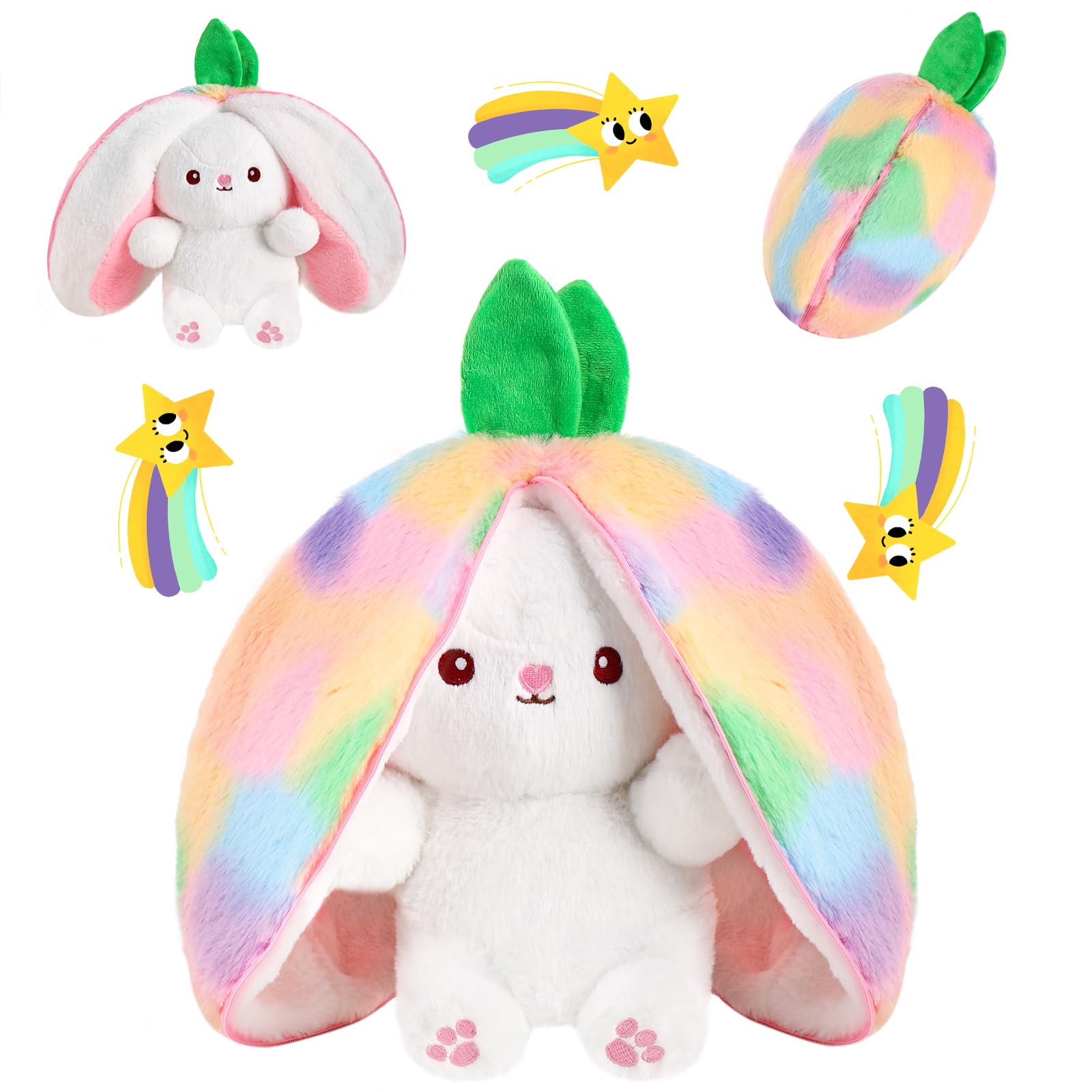 MIAODAM Strawberry Bunny Stuffed Animal, Iridescent & Strawberry Bunny Plush Turn Into Rabbit Fruit Doll, Plushies Funny Bunny Toy for Babies and Kids(10 inch)