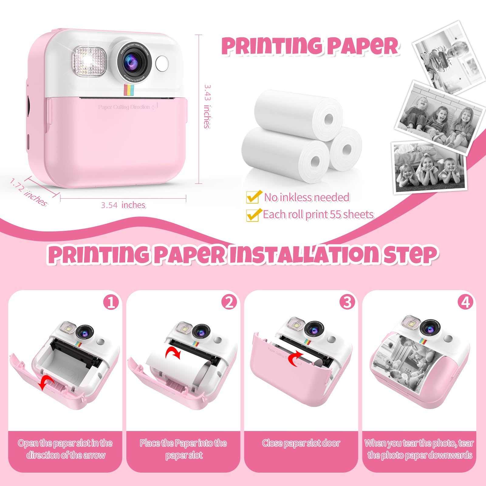 BOFIDAR Instant Print Camera for Kids, Christmas Birthday Gifts for Girls Age 3-10, Toddler Toy for 3 4 5 6 7 8 9 10 Year Old Girls with 3 Roller Photo Paper (Pink)