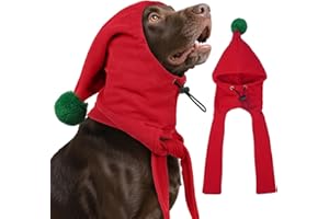 DENTRUN XL Dog Hood with Scarf - Extra Warm Fleece Hat for X-Large Dogs/Cats/Sheep, Adjustable Pom Pom Design, Christmas Pet Outfit, Red (XL:16-27" Head Girth)