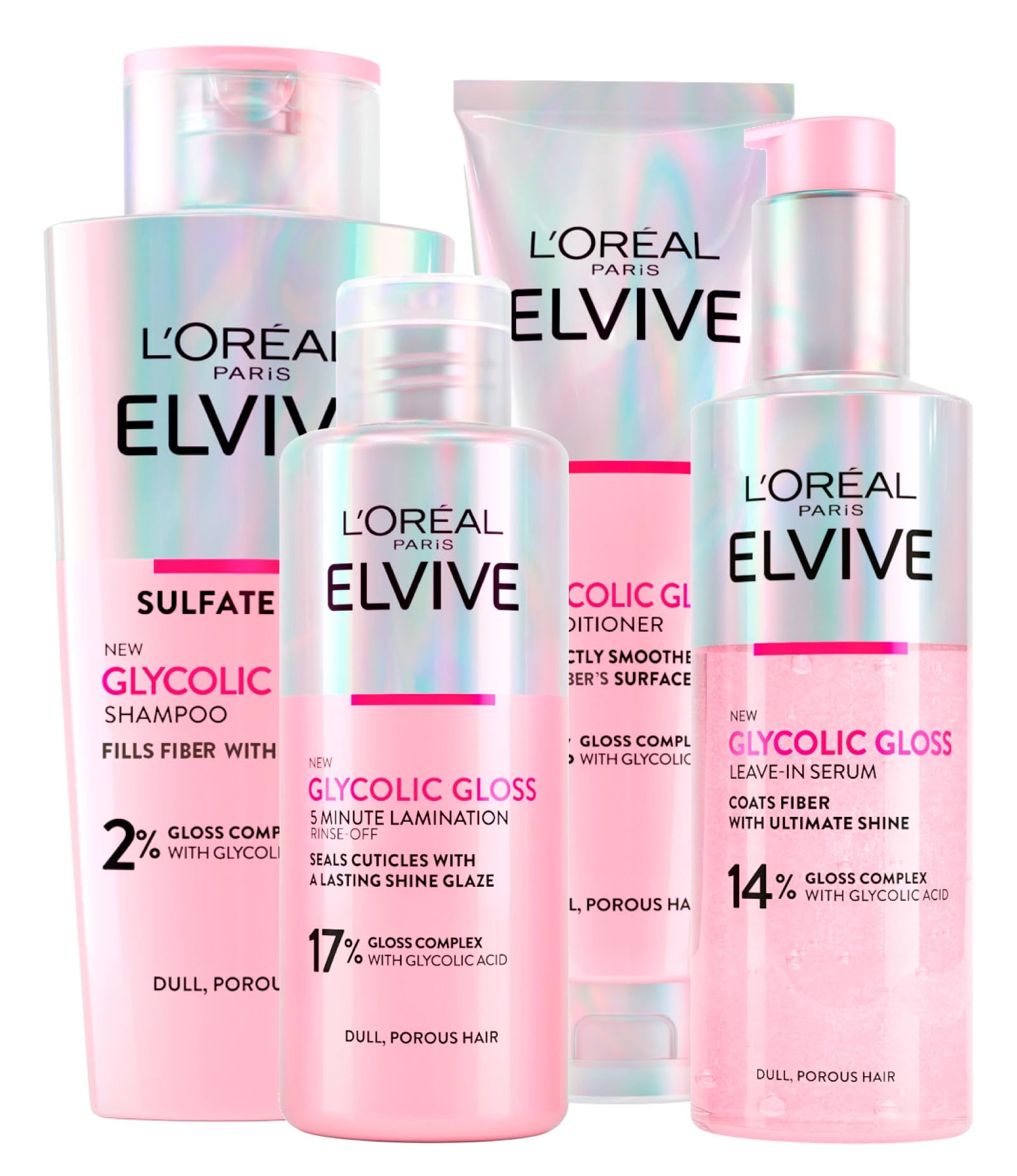 L'Oréal Paris Elseve Elvive Glycolic Gloss 150ml Conditioner + 200ml Shampoo + 150ml No-Rinse Serum + 200ml 5-Minute Laminating Treatment for Dull and Porous Hair - 4 bottles