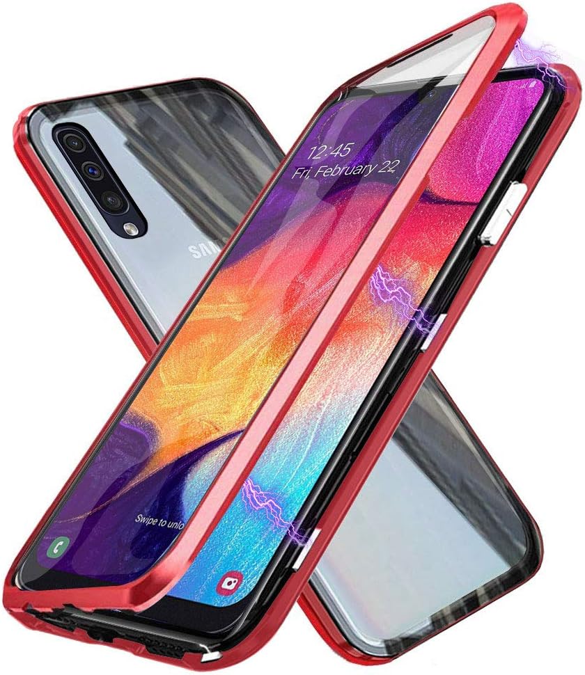 Case Samsung Galaxy A50 Magnetic Cover, Magnetic Adsorption Technology Metal Frame Case Aluminum [Front Back 9H Tempered Glass]360° Full Protection Ultra Slim Case for Samsung Galaxy A50 - Red