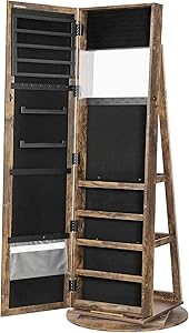SONGMICS 360° Swivel Jewelry Cabinet, High Full Length Mirror, Lockable Jewelry Armoire, with Built-in Small Mirror, Rear Storage Shelves, Rustic Brown UJJC062K01
