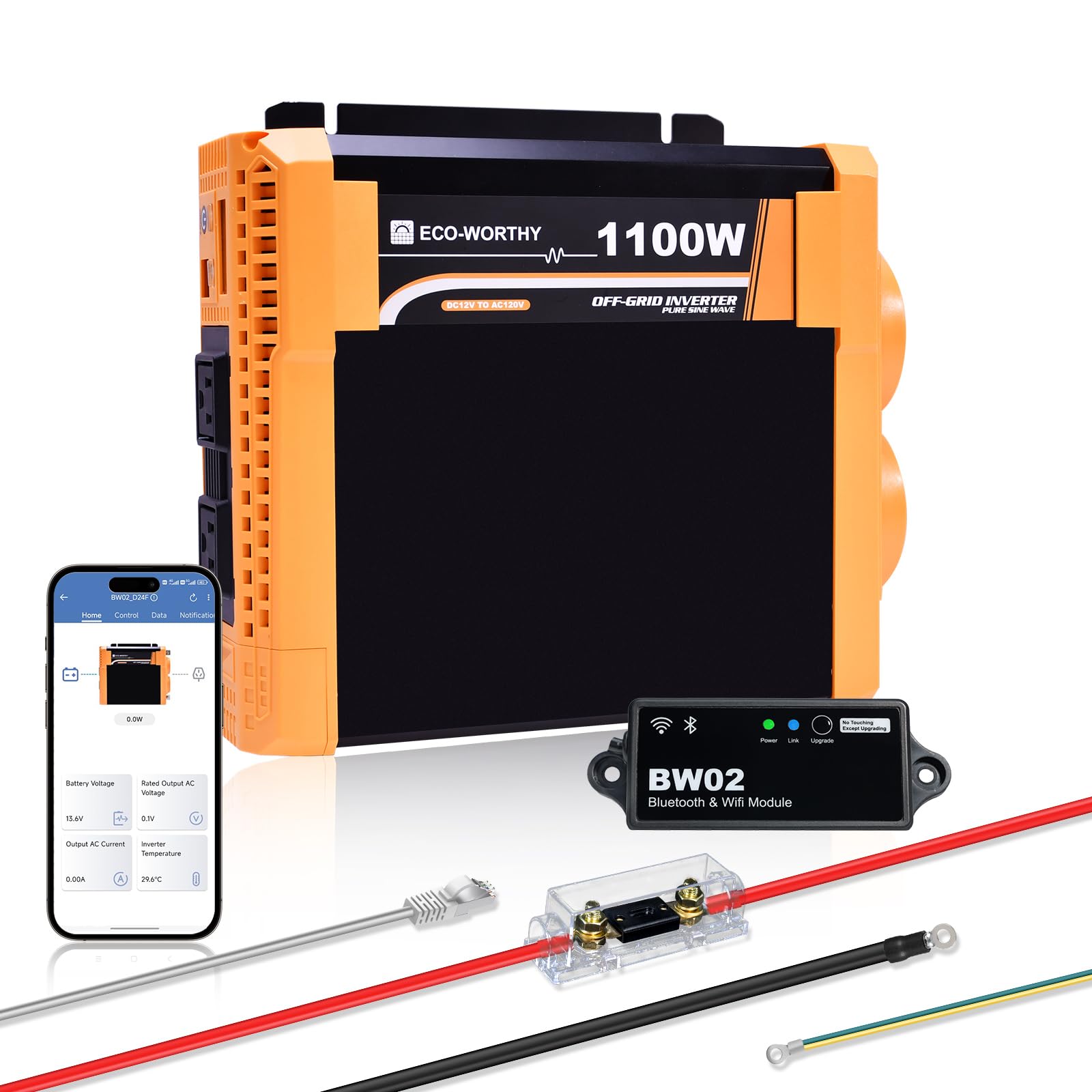 Photo 1 of ECO-WORTHY 1100W Pure Sine Wave Inverter with ECO Mode,12VDC to 120VAC 110VAC Converter with Bluetooth Module and Monitor APP,1100W Power Inverter for Off Grid Solar System RV Home Truck Camping