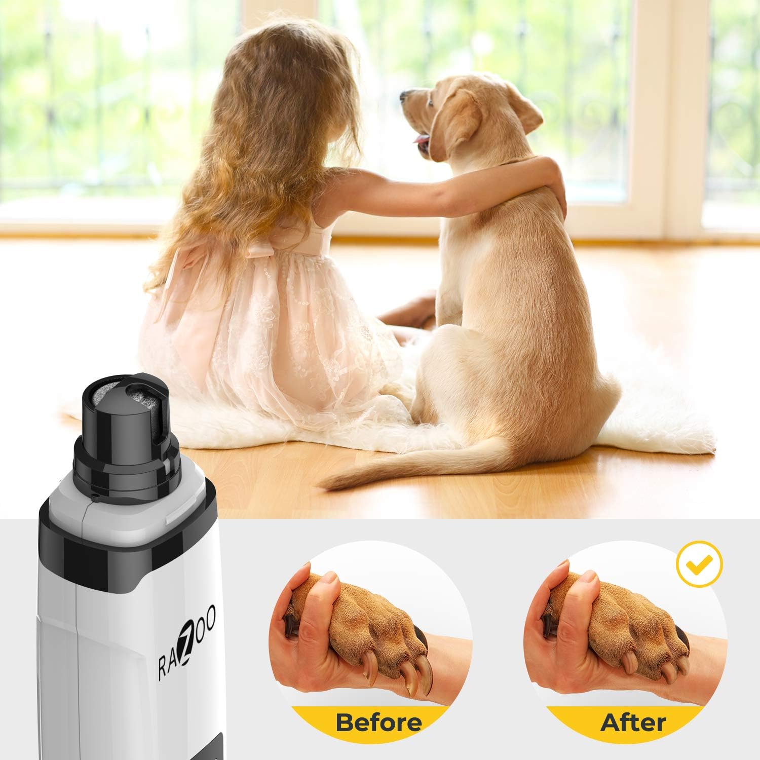 Razoo Dog Nail Grinder with Two Speed & Three Ports – Rechargeable Electric Pet Nail Trimmer for Cats, Large, Medium & Small Dogs – Low Noise & Quiet – Painless Paw Smoothing, Grooming, Trimming Tool