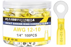 haisstronica 100PCS Heat Shrink Ring Terminals 1/4" Marine Grade Wire Connectors Yellow AWG 12-10 Gauge, Tinned Red Copper 1mm Resistant Ring Connectors, Brazed-Seam Insulated Electrical Crimp