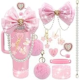 LBU Bling Stanley Cup Accessories for 40/30/20 oz Tumbler with Handle Including Glitter Bow Straw Topper, Heart Straw Cover, Pearl Water Bottle Handle Strap, Boot, Pom-Pom, Keychain Charms(Pink)
