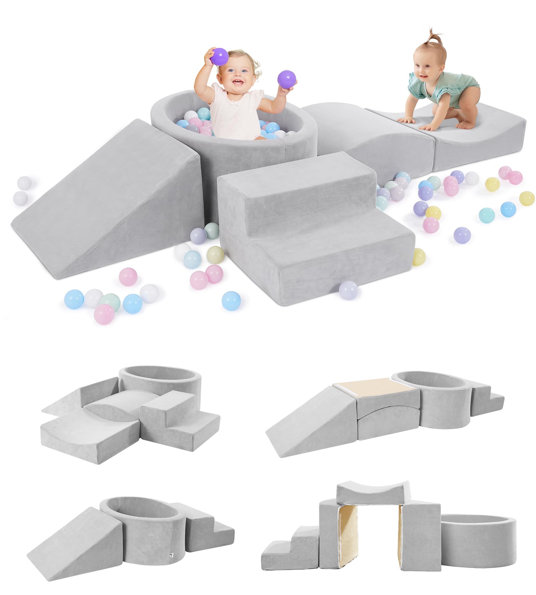 Elftopia Foam Climbing Blocks with Ball Pit Designed for Toddlers Aged 1-3 -Great for Indoor Crawling, Inside Foam Playground Set for Little Ones to Active Playing -(Balls NOT Included) Grey
