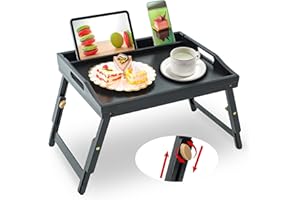 Bed Tray Table for Eating - Bamboo Breakfast Food Table with Phone Tablet Holder - Adjustable Height Black Serving Tray with 