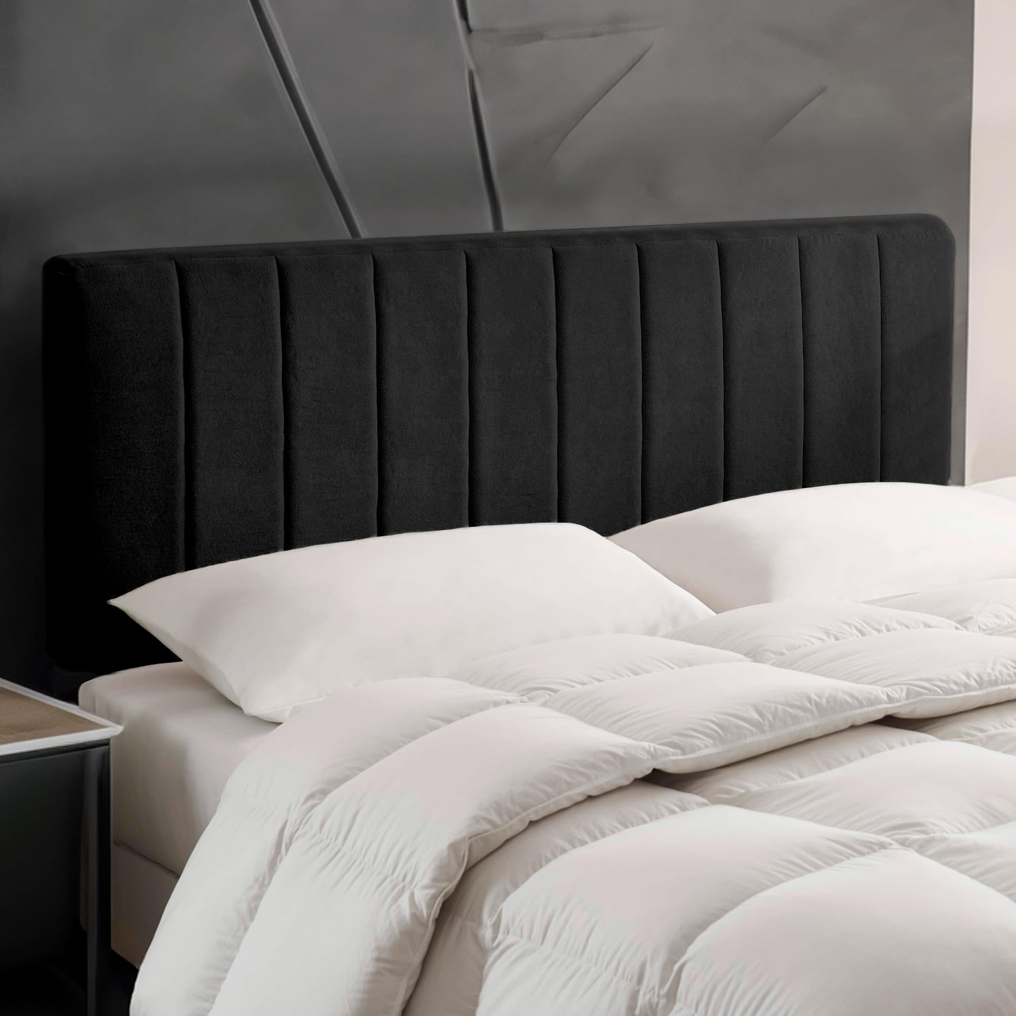 Hearth & Harbor Upholstered Full Headboard - Easy Assemble Channel Stitched Headboard Full Size - Wall Mounted Headboards with 3D Soundproof Wall Panels Peel & Stick Floating Headboards, Black