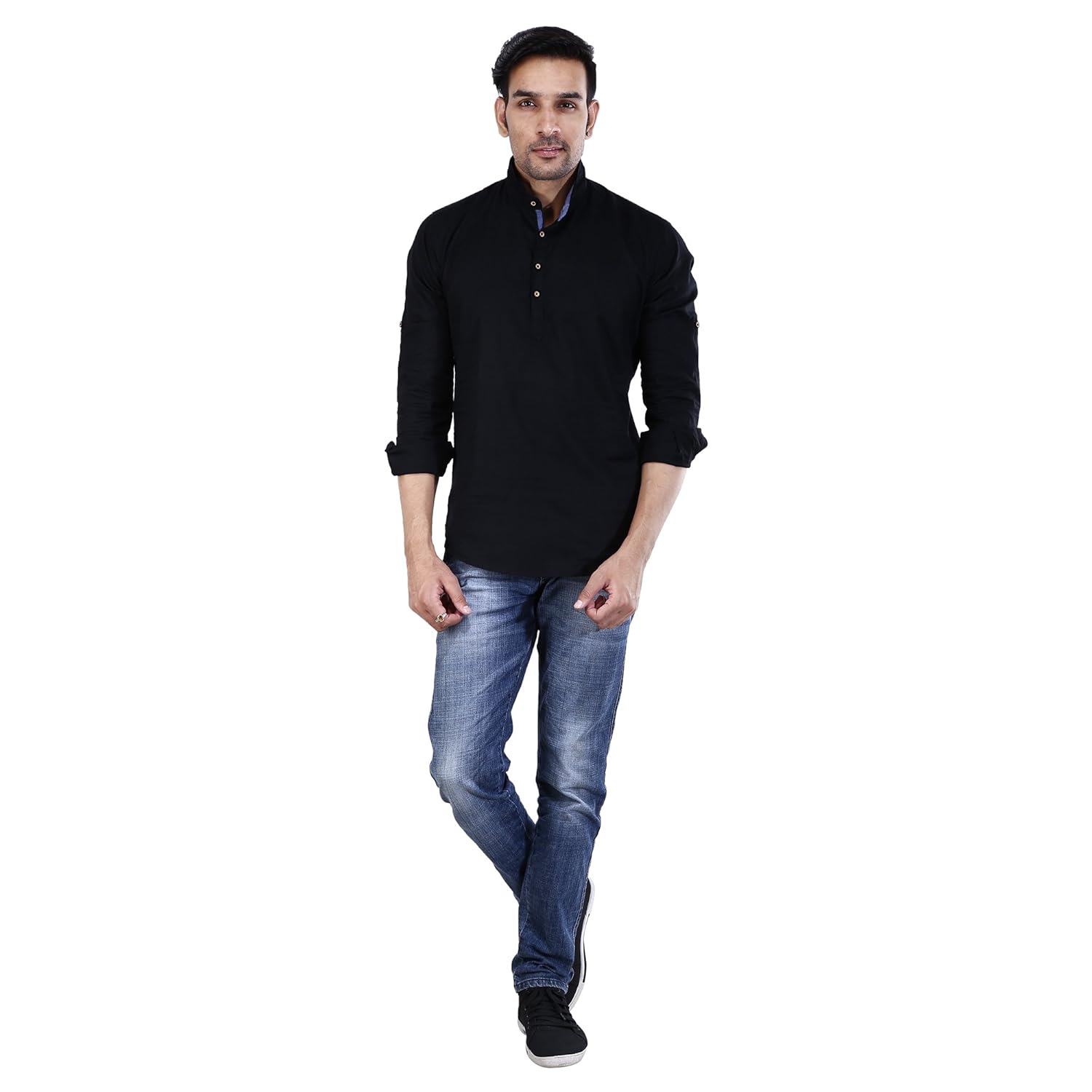 base 41 men's full sleeves short length black kurta