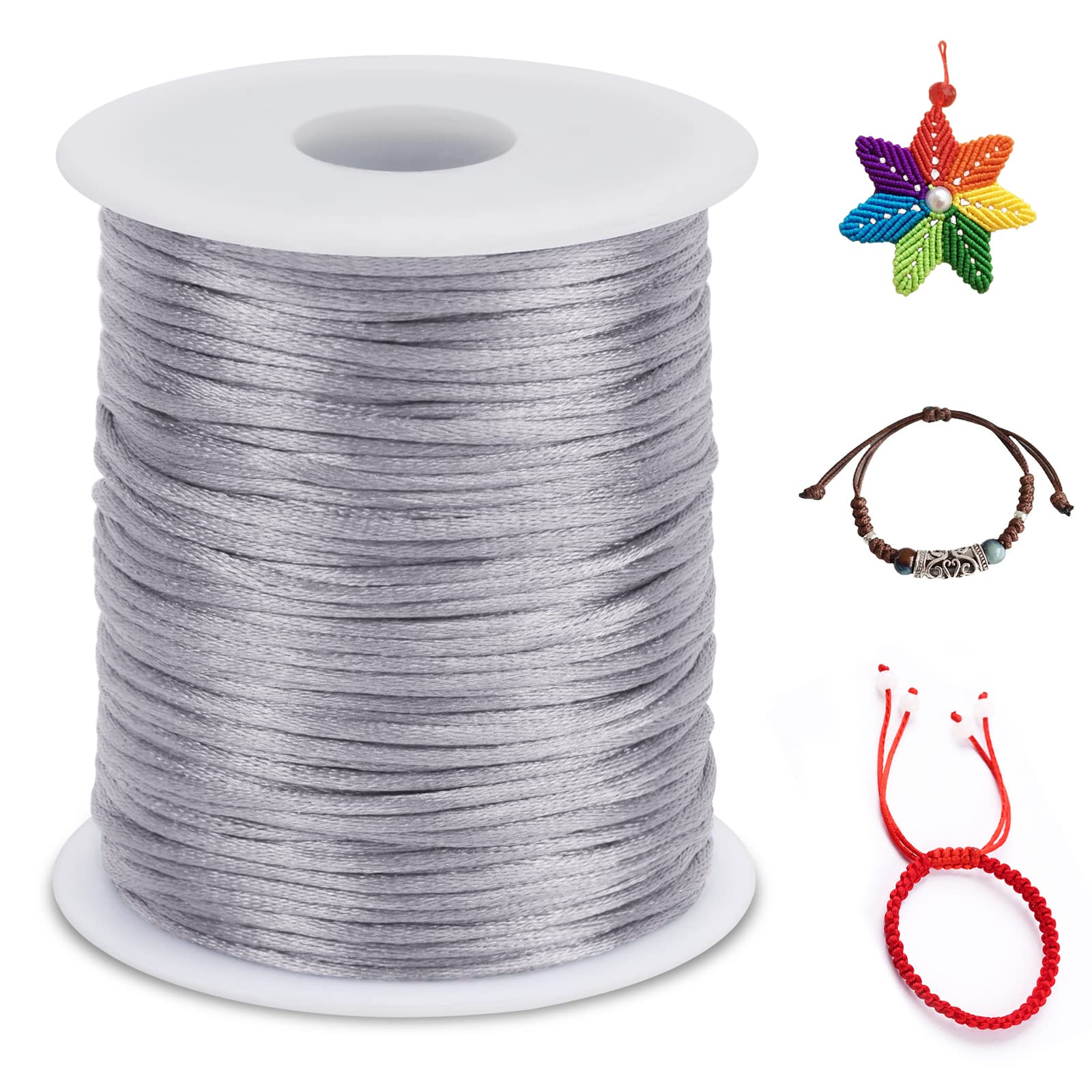 LEREATI Nylon Cord 2.5mm x 100m, Satin Cord Nylon String Macrame Cord, Coloured Beading Thread String for Making Bracelet, Necklace, Chinese Knot, Jewellery (Gray)