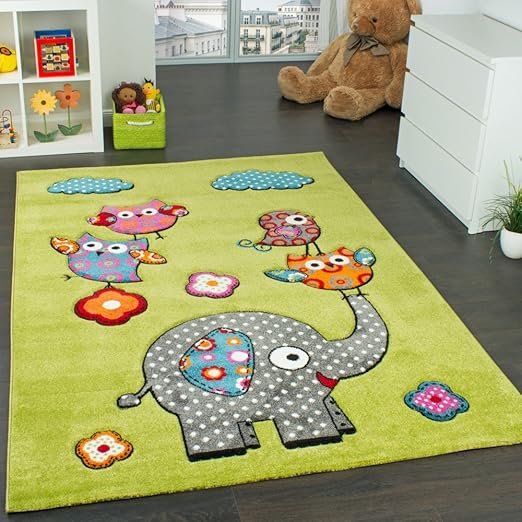 Paco Home Tapis Chambre Denfant Adorable Monde Animal Eléphant Vert Bleu Gris Rouge Dimension120x170 Cm