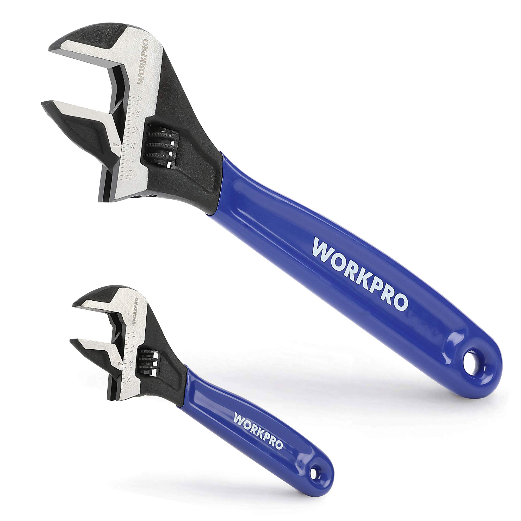 Photo 1 of WORKPRO 2-Piece Adjustable Wrench Set, 6-Inch & 10-Inch Wide Jaw Black Oxide Wrench, Cr-V Steel, Metric & SAE Scales, Max Jaw Opening 15/16" & 1-5/16", for Home Repairs, Plumbing, Garage Work
