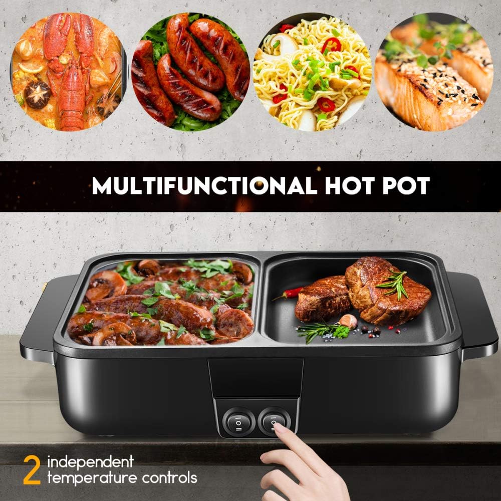 review INLOVEARTS 2 in 1 Electric Barbecue Grill, Barbecue Hot Pot, Electric Hot Pot Electric Baking Pan, Multifunctional Smokeless Electric Barbecue Grill, Double Temperature Control, 1200W, Pink/Black