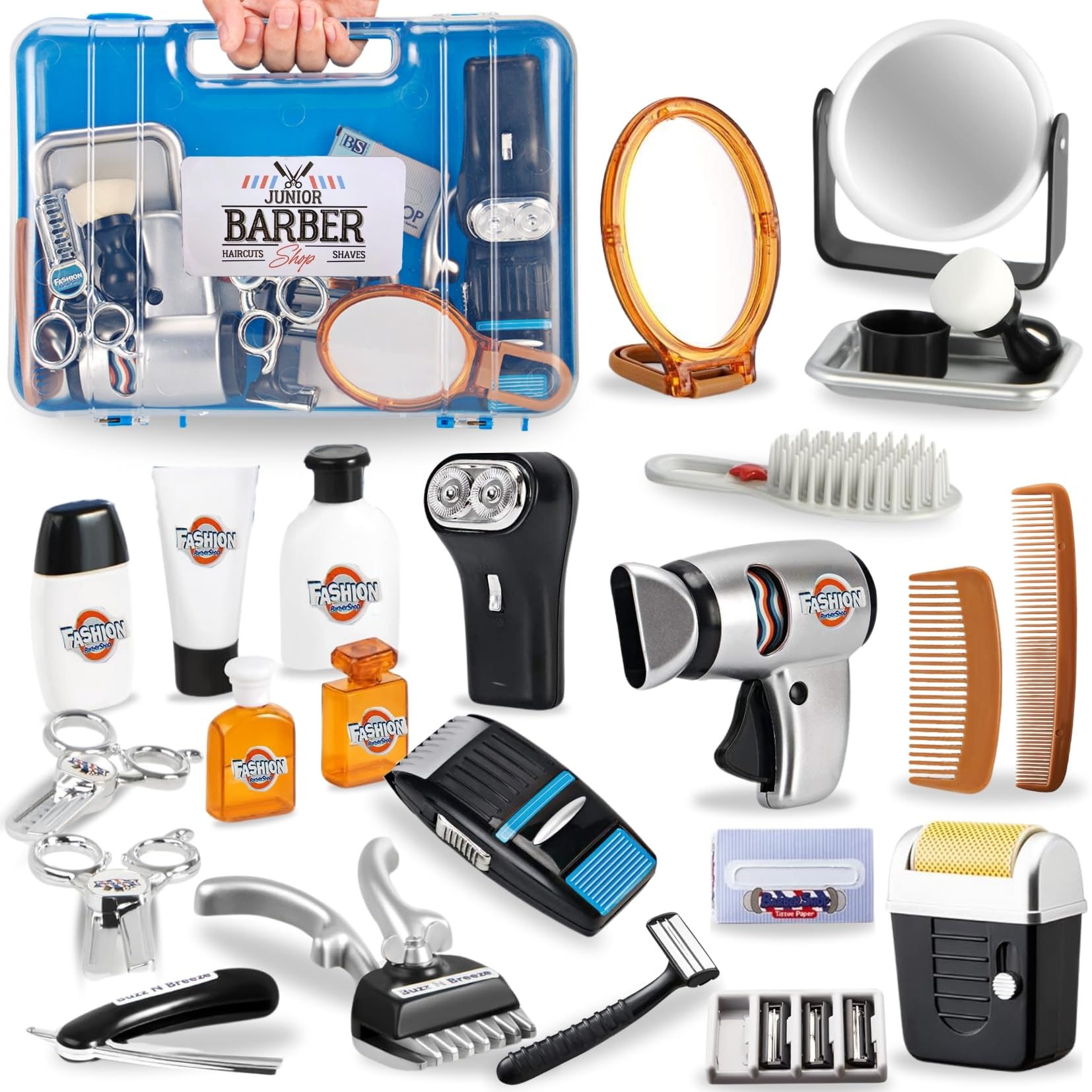 Photo 1 of 24 Pcs Barber Shop Pretend Play Toy - My First Shaving and Grooming Haircut Kit Toddler Role Play Set with Styling Accessories & Storage Box for Kids, Boys