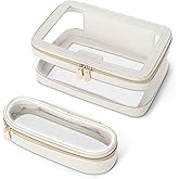 Soimeat Travel Clear Makeup Bag with Makeup Brush Bag, Leather Makeup Case Toiletry Bag, Portable Cosmetic Bag Case, Transparent Waterproof Cosmetic Organizer Storage Bag for Women, Medium, Off-White