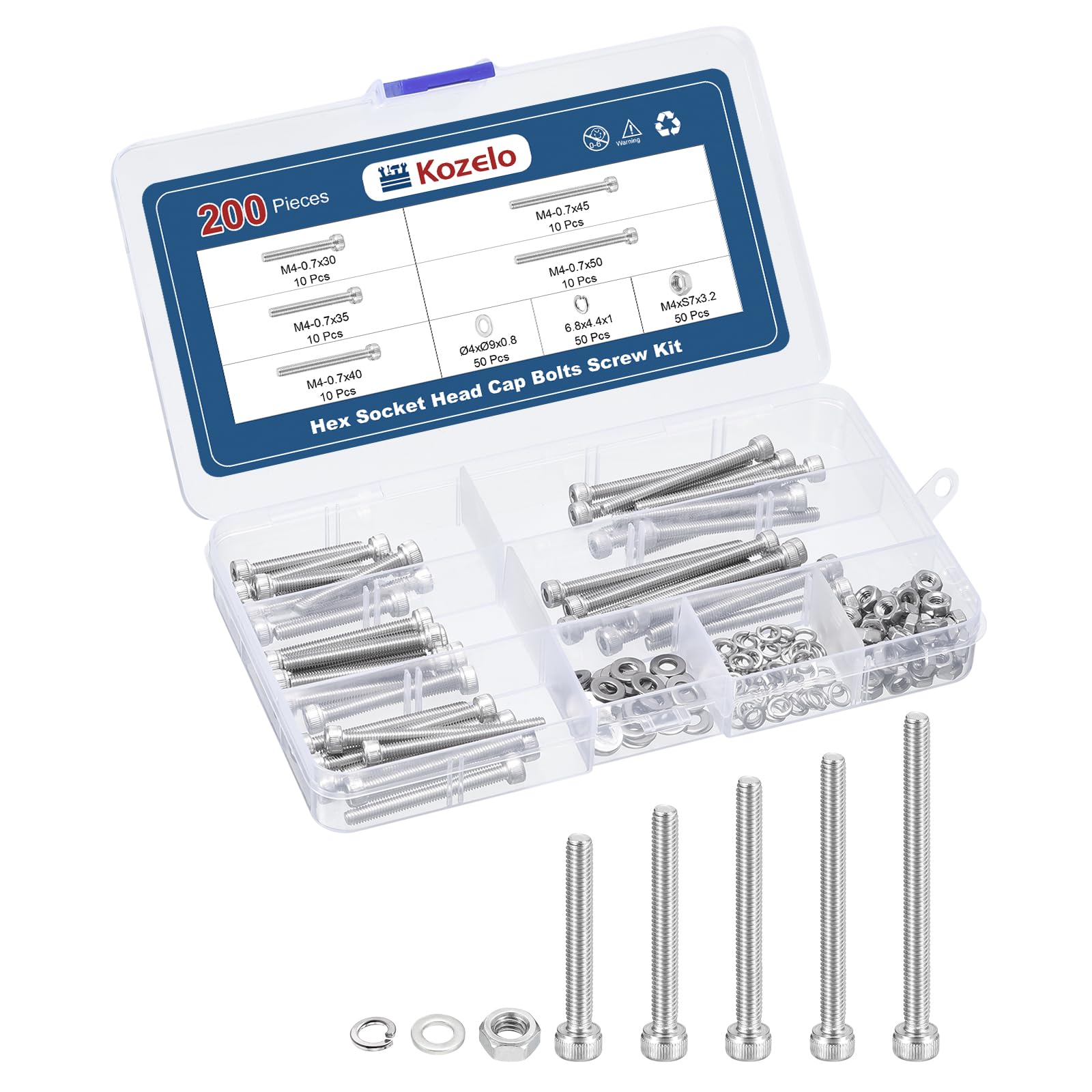 Kozelo 200pcs M4 Socket Head Cap Screws Bolts Nuts Assortment Kit - [M4x30/35/40/45/50mm] 304 Stainless Steel Allen Socket Drive for 3D Printer — image 1