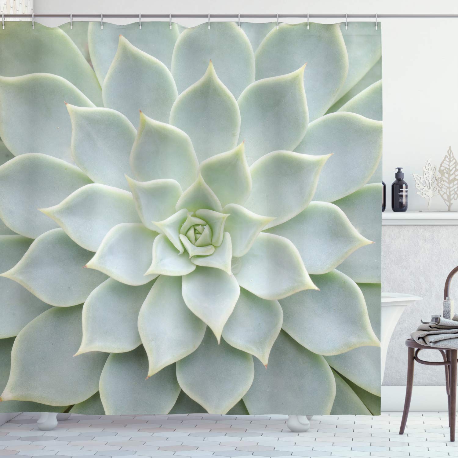 ABAKUHAUS Cactus Shower Curtain, Cactus Plant Flower Close up View Photo Image Desert Mexican Hot Natural Plant Art, Cloth Fabric Bathroom Decor Set with Hooks, 70 Inches, Sage Green