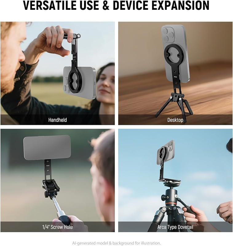 Supporto Treppiede Telefono Magnetico, Maniglia Cellulare in Metallo con Filettatura 1/4", Cold Shoe e Tipo Arca, Compatibile con MagSafe iPhone Samsung Huawei Android per Video, PA098