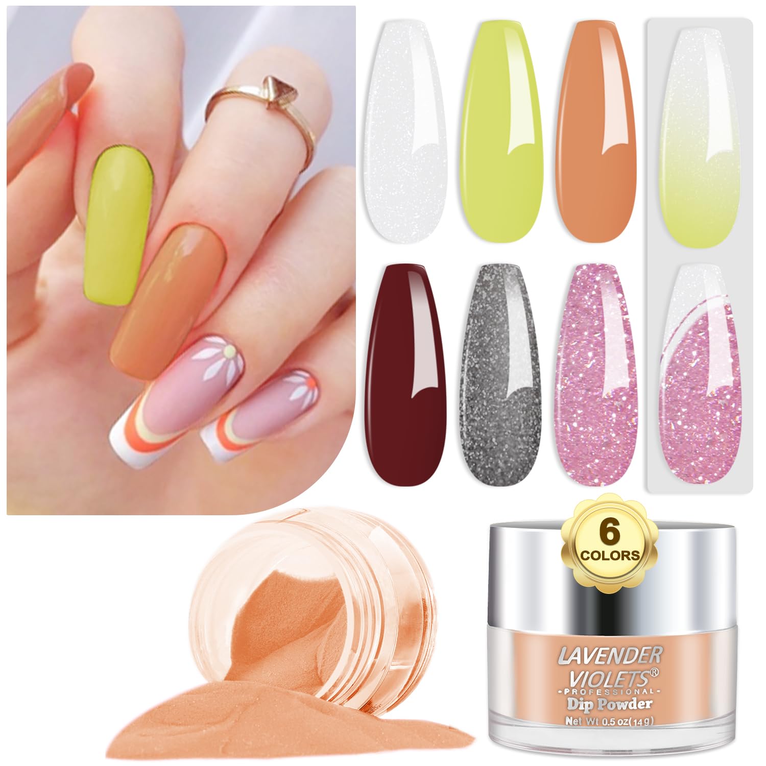 Lavender Violets 14g x 6 Colors Dip Powder French Nail Art Manicure Dipping Powder Nail Powder Nude Pink Red Orange Yellow Grey White Glittery Palette All Season Large Capacity J223