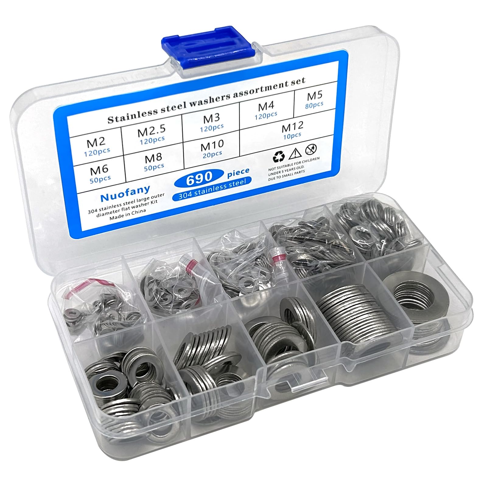 690 Pieces 304 Stainless Steel Flat Washers for Screws Bolts, Fender Washers Assortment Set, Assorted Hardware Lock Metal Washers Kit (9Sizes-M2 M2.5 M3 M4 M5 M6 M8 M10 M12) for Home, Factories