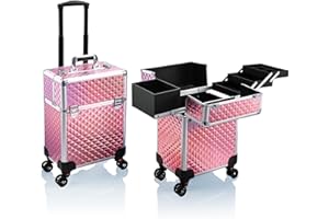 Stagiant Rolling Makeup Train Case Large Storage Cosmetic Trolley 4 Tray with Sliding Rail Removable Middle Layer with Key Swivel Wheels Salon Barber Case Traveling Cart Trunk