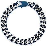 Metro Jewelry Stainless Steel Thick Two Tone Curb Chain Bracelet with Blue Ion Plating for Men 8.5 Inches Long with Lobster Claw Clasp