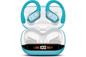 QECNATO Wireless Earbuds Bluetooth 5.4 Headphones 75H Playtime Stereo Deep Bass Sports Ear Buds with Earhooks, LED Display Bluetooth Earbuds with 4 ENC Mic, IP7 Waterproof Earphone for Workout/Running, Blue