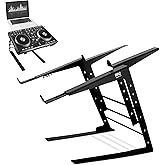 Pyle Portable Dual Laptop Stand - Standing Table with Adjustable Height, Ergonomic Design & Anti-Slip Prongs for DJ Mixer, Sound Equipment, Workstation, Gaming & Home Use - PLPTS38, Black
