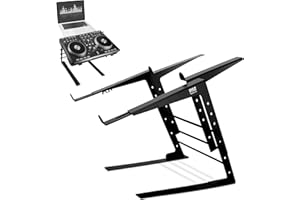 Pyle Portable Dual Laptop Stand - Standing Table with Adjustable Height, Ergonomic Design & Anti-Slip Prongs for DJ Mixer, Sound Equipment, Workstation, Gaming & Home Use - PLPTS38, Black
