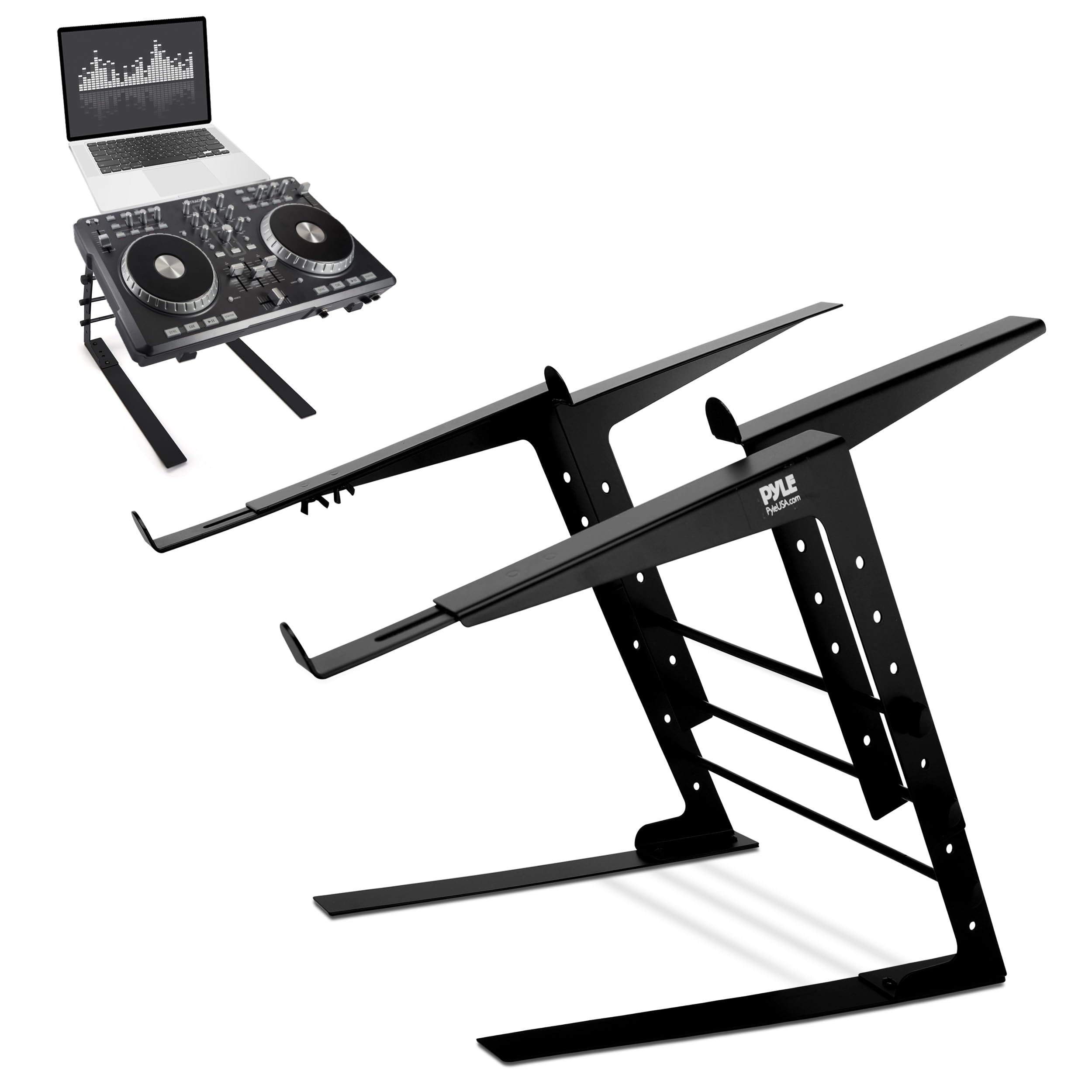 Photo 1 of Pyle Portable Dual Laptop Stand - Standing Table with Adjustable Height, Ergonomic Design & Anti-Slip Prongs for DJ Mixer, Sound Equipment, Workstation, Gaming & Home Use - PLPTS38, Black