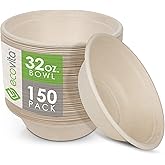 Ecovita 100% Compostable Paper Bowls [32 oz.] – 150 Disposable Bowls Eco Friendly Sturdy Tree Free Liquid and Heat Resistant Alternative to Plastic or Paper Bowls