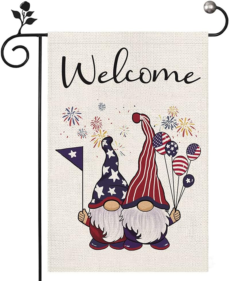 Welcome Garden Flag Patriotic Gnome Small Garden Flags 12 x 18 Inch Double Sided Burlap Flag for Outside Yard Lawn Decoration